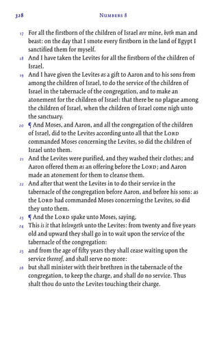 328 Numbers 8
For all the firstborn of the children of Israel are mine, both man and
beast: on the day that I smote every firstborn in the land of Egypt I
sanctified them for myself.
And I have taken the Levites for all the firstborn of the children of
Israel.
And I have given the Levites as a gift to Aaron and to his sons from
among the children of Israel, to do the service of the children of
Israel in the tabernacle of the congregation, and to make an
atonement for the children of Israel: that there be no plague among
the children of Israel, when the children of Israel come nigh unto
the sanctuary.
¶ And Moses, and Aaron, and all the congregation of the children
of Israel, did to the Levites according unto all that the Lord
commanded Moses concerning the Levites, so did the children of
Israel unto them.
And the Levites were purified, and they washed their clothes; and
Aaron offered them as an offering before the Lord; and Aaron
made an atonement for them to cleanse them.
And after that went the Levites in to do their service in the
tabernacle of the congregation before Aaron, and before his sons: as
the Lord had commanded Moses concerning the Levites, so did
they unto them.
¶ And the Lord spake unto Moses, saying,
This is it that belongeth unto the Levites: from twenty and five years
old and upward they shall go in to wait upon the service of the
tabernacle of the congregation:
and from the age of fifty years they shall cease waiting upon the
service thereof, and shall serve no more:
but shall minister with their brethren in the tabernacle of the
congregation, to keep the charge, and shall do no service. Thus
shalt thou do unto the Levites touching their charge.
17
18
19
20
21
22
23
24
25
26
 