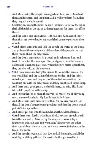 336 Numbers 11
And Moses said, The people, among whom I am, are six hundred
thousand footmen; and thou hast said, I will give them flesh, that
they may eat a whole month.
Shall the flocks and the herds be slain for them, to suffice them? or
shall all the fish of the sea be gathered together for them, to suffice
them?
And the Lord said unto Moses, Is the Lord’s hand waxed short?
thou shalt see now whether my word shall come to pass unto thee
or not.
¶ And Moses went out, and told the people the words of the Lord,
and gathered the seventy men of the elders of the people, and set
them round about the tabernacle.
And the Lord came down in a cloud, and spake unto him, and
took of the spirit that was upon him, and gave it unto the seventy
elders: and it came to pass, that, when the spirit rested upon them,
they prophesied, and did not cease.
¶ But there remained two of the men in the camp, the name of the
one was Eldad, and the name of the other Medad: and the spirit
rested upon them; and they were of them that were written, but
went not out unto the tabernacle: and they prophesied in the camp.
And there ran a young man, and told Moses, and said, Eldad and
Medad do prophesy in the camp.
And Joshua the son of Nun, the servant of Moses, one of his young
men, answered and said, My lord Moses, forbid them.
And Moses said unto him, Enviest thou for my sake? would God
that all the Lord’s people were prophets, and that the Lord would
put his Spirit upon them.
And Moses gat him into the camp, he and the elders of Israel.
¶ And there went forth a wind from the Lord, and brought quails
from the sea, and let them fall by the camp, as it were a day’s
journey on this side, and as it were a day’s journey on the other
side, round about the camp, and as it were two cubits high upon the
face of the earth.
And the people stood up all that day, and all that night, and all the
next day, and they gathered the quails: he that gathered least
21
22
23
24
25
26
27
28
29
30
31
32
 