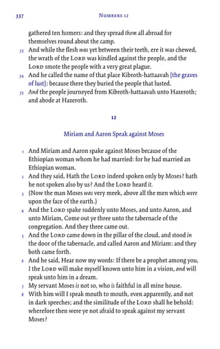 337 Numbers 12
gathered ten homers: and they spread them all abroad for
themselves round about the camp.
And while the flesh was yet between their teeth, ere it was chewed,
the wrath of the Lord was kindled against the people, and the
Lord smote the people with a very great plague.
And he called the name of that place Kibroth-hattaavah [the graves
of lust]: because there they buried the people that lusted.
And the people journeyed from Kibroth-hattaavah unto Hazeroth;
and abode at Hazeroth.
12
Miriam and Aaron Speak against Moses
And Miriam and Aaron spake against Moses because of the
Ethiopian woman whom he had married: for he had married an
Ethiopian woman.
And they said, Hath the Lord indeed spoken only by Moses? hath
he not spoken also by us? And the Lord heard it.
(Now the man Moses was very meek, above all the men which were
upon the face of the earth.)
And the Lord spake suddenly unto Moses, and unto Aaron, and
unto Miriam, Come out ye three unto the tabernacle of the
congregation. And they three came out.
And the Lord came down in the pillar of the cloud, and stood in
the door of the tabernacle, and called Aaron and Miriam: and they
both came forth.
And he said, Hear now my words: If there be a prophet among you,
I the Lord will make myself known unto him in a vision, and will
speak unto him in a dream.
My servant Moses is not so, who is faithful in all mine house.
With him will I speak mouth to mouth, even apparently, and not
in dark speeches; and the similitude of the Lord shall he behold:
wherefore then were ye not afraid to speak against my servant
Moses?
33
34
35
1
2
3
4
5
6
7
8
 