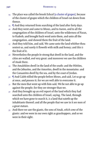 340 Numbers 13
The place was called the brook Eshcol [a cluster of grapes], because
of the cluster of grapes which the children of Israel cut down from
thence.
¶ And they returned from searching of the land after forty days.
And they went and came to Moses, and to Aaron, and to all the
congregation of the children of Israel, unto the wilderness of Paran,
to Kadesh; and brought back word unto them, and unto all the
congregation, and showed them the fruit of the land.
And they told him, and said, We came unto the land whither thou
sentest us, and surely it floweth with milk and honey; and this is
the fruit of it.
Nevertheless the people be strong that dwell in the land, and the
cities are walled, and very great: and moreover we saw the children
of Anak there.
The Amalekites dwell in the land of the south: and the Hittites,
and the Jebusites, and the Amorites, dwell in the mountains: and
the Canaanites dwell by the sea, and by the coast of Jordan.
¶ And Caleb stilled the people before Moses, and said, Let us go up
at once, and possess it; for we are well able to overcome it.
But the men that went up with him said, We be not able to go up
against the people; for they are stronger than we.
And they brought up an evil report of the land which they had
searched unto the children of Israel, saying, The land, through
which we have gone to search it, is a land that eateth up the
inhabitants thereof; and all the people that we saw in it are men of
a great stature.
And there we saw the giants, the sons of Anak, which come of the
giants: and we were in our own sight as grasshoppers, and so we
were in their sight.
24
25
26
27
28
29
30
31
32
33
 