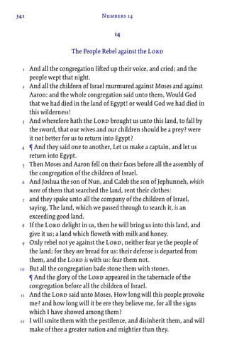 341 Numbers 14
14
The People Rebel against the Lord
And all the congregation lifted up their voice, and cried; and the
people wept that night.
And all the children of Israel murmured against Moses and against
Aaron: and the whole congregation said unto them, Would God
that we had died in the land of Egypt! or would God we had died in
this wilderness!
And wherefore hath the Lord brought us unto this land, to fall by
the sword, that our wives and our children should be a prey? were
it not better for us to return into Egypt?
¶ And they said one to another, Let us make a captain, and let us
return into Egypt.
Then Moses and Aaron fell on their faces before all the assembly of
the congregation of the children of Israel.
And Joshua the son of Nun, and Caleb the son of Jephunneh, which
were of them that searched the land, rent their clothes:
and they spake unto all the company of the children of Israel,
saying, The land, which we passed through to search it, is an
exceeding good land.
If the Lord delight in us, then he will bring us into this land, and
give it us; a land which floweth with milk and honey.
Only rebel not ye against the Lord, neither fear ye the people of
the land; for they are bread for us: their defense is departed from
them, and the Lord is with us: fear them not.
But all the congregation bade stone them with stones.
¶ And the glory of the Lord appeared in the tabernacle of the
congregation before all the children of Israel.
And the Lord said unto Moses, How long will this people provoke
me? and how long will it be ere they believe me, for all the signs
which I have showed among them?
I will smite them with the pestilence, and disinherit them, and will
make of thee a greater nation and mightier than they.
1
2
3
4
5
6
7
8
9
10
11
12
 