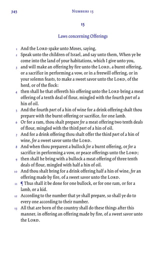 345 Numbers 15
15
Laws concerning Offerings
And the Lord spake unto Moses, saying,
Speak unto the children of Israel, and say unto them, When ye be
come into the land of your habitations, which I give unto you,
and will make an offering by fire unto the Lord, a burnt offering,
or a sacrifice in performing a vow, or in a freewill offering, or in
your solemn feasts, to make a sweet savor unto the Lord, of the
herd, or of the flock:
then shall he that offereth his offering unto the Lord bring a meat
offering of a tenth deal of flour, mingled with the fourth part of a
hin of oil.
And the fourth part of a hin of wine for a drink offering shalt thou
prepare with the burnt offering or sacrifice, for one lamb.
Or for a ram, thou shalt prepare for a meat offering two tenth deals
of flour, mingled with the third part of a hin of oil.
And for a drink offering thou shalt offer the third part of a hin of
wine, for a sweet savor unto the Lord.
And when thou preparest a bullock for a burnt offering, or for a
sacrifice in performing a vow, or peace offerings unto the Lord;
then shall he bring with a bullock a meat offering of three tenth
deals of flour, mingled with half a hin of oil.
And thou shalt bring for a drink offering half a hin of wine, for an
offering made by fire, of a sweet savor unto the Lord.
¶ Thus shall it be done for one bullock, or for one ram, or for a
lamb, or a kid.
According to the number that ye shall prepare, so shall ye do to
every one according to their number.
All that are born of the country shall do these things after this
manner, in offering an offering made by fire, of a sweet savor unto
the Lord.
1
2
3
4
5
6
7
8
9
10
11
12
13
 