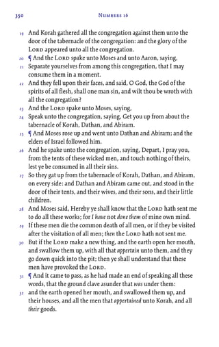 350 Numbers 16
And Korah gathered all the congregation against them unto the
door of the tabernacle of the congregation: and the glory of the
Lord appeared unto all the congregation.
¶ And the Lord spake unto Moses and unto Aaron, saying,
Separate yourselves from among this congregation, that I may
consume them in a moment.
And they fell upon their faces, and said, O God, the God of the
spirits of all flesh, shall one man sin, and wilt thou be wroth with
all the congregation?
And the Lord spake unto Moses, saying,
Speak unto the congregation, saying, Get you up from about the
tabernacle of Korah, Dathan, and Abiram.
¶ And Moses rose up and went unto Dathan and Abiram; and the
elders of Israel followed him.
And he spake unto the congregation, saying, Depart, I pray you,
from the tents of these wicked men, and touch nothing of theirs,
lest ye be consumed in all their sins.
So they gat up from the tabernacle of Korah, Dathan, and Abiram,
on every side: and Dathan and Abiram came out, and stood in the
door of their tents, and their wives, and their sons, and their little
children.
And Moses said, Hereby ye shall know that the Lord hath sent me
to do all these works; for I have not done them of mine own mind.
If these men die the common death of all men, or if they be visited
after the visitation of all men; then the Lord hath not sent me.
But if the Lord make a new thing, and the earth open her mouth,
and swallow them up, with all that appertain unto them, and they
go down quick into the pit; then ye shall understand that these
men have provoked the Lord.
¶ And it came to pass, as he had made an end of speaking all these
words, that the ground clave asunder that was under them:
and the earth opened her mouth, and swallowed them up, and
their houses, and all the men that appertained unto Korah, and all
their goods.
19
20
21
22
23
24
25
26
27
28
29
30
31
32
 