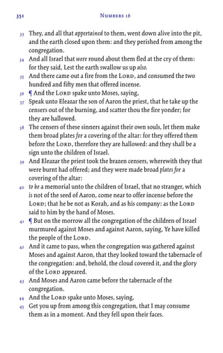 351 Numbers 16
They, and all that appertained to them, went down alive into the pit,
and the earth closed upon them: and they perished from among the
congregation.
And all Israel that were round about them fled at the cry of them:
for they said, Lest the earth swallow us up also.
And there came out a fire from the Lord, and consumed the two
hundred and fifty men that offered incense.
¶ And the Lord spake unto Moses, saying,
Speak unto Eleazar the son of Aaron the priest, that he take up the
censers out of the burning, and scatter thou the fire yonder; for
they are hallowed.
The censers of these sinners against their own souls, let them make
them broad plates for a covering of the altar: for they offered them
before the Lord, therefore they are hallowed: and they shall be a
sign unto the children of Israel.
And Eleazar the priest took the brazen censers, wherewith they that
were burnt had offered; and they were made broad plates for a
covering of the altar:
to be a memorial unto the children of Israel, that no stranger, which
is not of the seed of Aaron, come near to offer incense before the
Lord; that he be not as Korah, and as his company: as the Lord
said to him by the hand of Moses.
¶ But on the morrow all the congregation of the children of Israel
murmured against Moses and against Aaron, saying, Ye have killed
the people of the Lord.
And it came to pass, when the congregation was gathered against
Moses and against Aaron, that they looked toward the tabernacle of
the congregation: and, behold, the cloud covered it, and the glory
of the Lord appeared.
And Moses and Aaron came before the tabernacle of the
congregation.
And the Lord spake unto Moses, saying,
Get you up from among this congregation, that I may consume
them as in a moment. And they fell upon their faces.
33
34
35
36
37
38
39
40
41
42
43
44
45
 