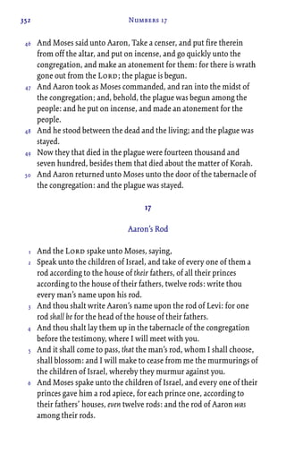 352 Numbers 17
And Moses said unto Aaron, Take a censer, and put fire therein
from off the altar, and put on incense, and go quickly unto the
congregation, and make an atonement for them: for there is wrath
gone out from the Lord; the plague is begun.
And Aaron took as Moses commanded, and ran into the midst of
the congregation; and, behold, the plague was begun among the
people: and he put on incense, and made an atonement for the
people.
And he stood between the dead and the living; and the plague was
stayed.
Now they that died in the plague were fourteen thousand and
seven hundred, besides them that died about the matter of Korah.
And Aaron returned unto Moses unto the door of the tabernacle of
the congregation: and the plague was stayed.
17
Aaron’s Rod
And the Lord spake unto Moses, saying,
Speak unto the children of Israel, and take of every one of them a
rod according to the house of their fathers, of all their princes
according to the house of their fathers, twelve rods: write thou
every man’s name upon his rod.
And thou shalt write Aaron’s name upon the rod of Levi: for one
rod shall be for the head of the house of their fathers.
And thou shalt lay them up in the tabernacle of the congregation
before the testimony, where I will meet with you.
And it shall come to pass, that the man’s rod, whom I shall choose,
shall blossom: and I will make to cease from me the murmurings of
the children of Israel, whereby they murmur against you.
And Moses spake unto the children of Israel, and every one of their
princes gave him a rod apiece, for each prince one, according to
their fathers’ houses, even twelve rods: and the rod of Aaron was
among their rods.
46
47
48
49
50
1
2
3
4
5
6
 