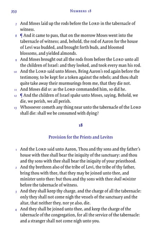 353 Numbers 18
And Moses laid up the rods before the Lord in the tabernacle of
witness.
¶ And it came to pass, that on the morrow Moses went into the
tabernacle of witness; and, behold, the rod of Aaron for the house
of Levi was budded, and brought forth buds, and bloomed
blossoms, and yielded almonds.
And Moses brought out all the rods from before the Lord unto all
the children of Israel: and they looked, and took every man his rod.
And the Lord said unto Moses, Bring Aaron’s rod again before the
testimony, to be kept for a token against the rebels; and thou shalt
quite take away their murmurings from me, that they die not.
And Moses did so: as the Lord commanded him, so did he.
¶ And the children of Israel spake unto Moses, saying, Behold, we
die, we perish, we all perish.
Whosoever cometh any thing near unto the tabernacle of the Lord
shall die: shall we be consumed with dying?
18
Provision for the Priests and Levites
And the Lord said unto Aaron, Thou and thy sons and thy father’s
house with thee shall bear the iniquity of the sanctuary: and thou
and thy sons with thee shall bear the iniquity of your priesthood.
And thy brethren also of the tribe of Levi, the tribe of thy father,
bring thou with thee, that they may be joined unto thee, and
minister unto thee: but thou and thy sons with thee shall minister
before the tabernacle of witness.
And they shall keep thy charge, and the charge of all the tabernacle:
only they shall not come nigh the vessels of the sanctuary and the
altar, that neither they, nor ye also, die.
And they shall be joined unto thee, and keep the charge of the
tabernacle of the congregation, for all the service of the tabernacle:
and a stranger shall not come nigh unto you.
7
8
9
10
11
12
13
1
2
3
4
 