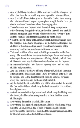 354 Numbers 18
And ye shall keep the charge of the sanctuary, and the charge of the
altar; that there be no wrath any more upon the children of Israel.
And I, behold, I have taken your brethren the Levites from among
the children of Israel: to you they are given as a gift for the Lord, to
do the service of the tabernacle of the congregation.
Therefore thou and thy sons with thee shall keep your priest’s
office for every thing of the altar, and within the veil; and ye shall
serve: I have given your priest’s office unto you as a service of gift:
and the stranger that cometh nigh shall be put to death.
¶ And the Lord spake unto Aaron, Behold, I also have given thee
the charge of mine heave offerings of all the hallowed things of the
children of Israel; unto thee have I given them by reason of the
anointing, and to thy sons, by an ordinance for ever.
This shall be thine of the most holy things, reserved from the fire:
every oblation of theirs, every meat offering of theirs, and every sin
offering of theirs, and every trespass offering of theirs, which they
shall render unto me, shall be most holy for thee and for thy sons.
In the most holy place shalt thou eat it; every male shall eat it: it
shall be holy unto thee.
And this is thine; the heave offering of their gift, with all the wave
offerings of the children of Israel: I have given them unto thee, and
to thy sons and to thy daughters with thee, by a statute for ever:
every one that is clean in thy house shall eat of it.
All the best of the oil, and all the best of the wine, and of the wheat,
the firstfruits of them which they shall offer unto the Lord, them
have I given thee.
And whatsoever is first ripe in the land, which they shall bring unto
the Lord, shall be thine; every one that is clean in thine house
shall eat of it.
Every thing devoted in Israel shall be thine.
Every thing that openeth the matrix in all flesh, which they bring
unto the Lord, whether it be of men or beasts, shall be thine:
nevertheless the firstborn of man shalt thou surely redeem, and the
firstling of unclean beasts shalt thou redeem.
5
6
7
8
9
10
11
12
13
14
15
 