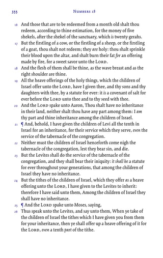 355 Numbers 18
And those that are to be redeemed from a month old shalt thou
redeem, according to thine estimation, for the money of five
shekels, after the shekel of the sanctuary, which is twenty gerahs.
But the firstling of a cow, or the firstling of a sheep, or the firstling
of a goat, thou shalt not redeem; they are holy: thou shalt sprinkle
their blood upon the altar, and shalt burn their fat for an offering
made by fire, for a sweet savor unto the Lord.
And the flesh of them shall be thine, as the wave breast and as the
right shoulder are thine.
All the heave offerings of the holy things, which the children of
Israel offer unto the Lord, have I given thee, and thy sons and thy
daughters with thee, by a statute for ever: it is a covenant of salt for
ever before the Lord unto thee and to thy seed with thee.
And the Lord spake unto Aaron, Thou shalt have no inheritance
in their land, neither shalt thou have any part among them: I am
thy part and thine inheritance among the children of Israel.
¶ And, behold, I have given the children of Levi all the tenth in
Israel for an inheritance, for their service which they serve, even the
service of the tabernacle of the congregation.
Neither must the children of Israel henceforth come nigh the
tabernacle of the congregation, lest they bear sin, and die.
But the Levites shall do the service of the tabernacle of the
congregation, and they shall bear their iniquity: it shall be a statute
for ever throughout your generations, that among the children of
Israel they have no inheritance.
But the tithes of the children of Israel, which they offer as a heave
offering unto the Lord, I have given to the Levites to inherit:
therefore I have said unto them, Among the children of Israel they
shall have no inheritance.
¶ And the Lord spake unto Moses, saying,
Thus speak unto the Levites, and say unto them, When ye take of
the children of Israel the tithes which I have given you from them
for your inheritance, then ye shall offer up a heave offering of it for
the Lord, even a tenth part of the tithe.
16
17
18
19
20
21
22
23
24
25
26
 