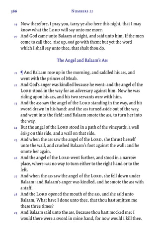 366 Numbers 22
Now therefore, I pray you, tarry ye also here this night, that I may
know what the Lord will say unto me more.
And God came unto Balaam at night, and said unto him, If the men
come to call thee, rise up, and go with them; but yet the word
which I shall say unto thee, that shalt thou do.
The Angel and Balaam’s Ass
¶ And Balaam rose up in the morning, and saddled his ass, and
went with the princes of Moab.
And God’s anger was kindled because he went: and the angel of the
Lord stood in the way for an adversary against him. Now he was
riding upon his ass, and his two servants were with him.
And the ass saw the angel of the Lord standing in the way, and his
sword drawn in his hand: and the ass turned aside out of the way,
and went into the field: and Balaam smote the ass, to turn her into
the way.
But the angel of the Lord stood in a path of the vineyards, a wall
being on this side, and a wall on that side.
And when the ass saw the angel of the Lord, she thrust herself
unto the wall, and crushed Balaam’s foot against the wall: and he
smote her again.
And the angel of the Lord went further, and stood in a narrow
place, where was no way to turn either to the right hand or to the
left.
And when the ass saw the angel of the Lord, she fell down under
Balaam: and Balaam’s anger was kindled, and he smote the ass with
a staff.
And the Lord opened the mouth of the ass, and she said unto
Balaam, What have I done unto thee, that thou hast smitten me
these three times?
And Balaam said unto the ass, Because thou hast mocked me: I
would there were a sword in mine hand, for now would I kill thee.
19
20
21
22
23
24
25
26
27
28
29
 