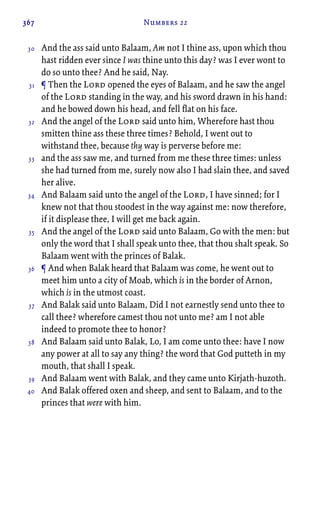367 Numbers 22
And the ass said unto Balaam, Am not I thine ass, upon which thou
hast ridden ever since I was thine unto this day? was I ever wont to
do so unto thee? And he said, Nay.
¶ Then the Lord opened the eyes of Balaam, and he saw the angel
of the Lord standing in the way, and his sword drawn in his hand:
and he bowed down his head, and fell flat on his face.
And the angel of the Lord said unto him, Wherefore hast thou
smitten thine ass these three times? Behold, I went out to
withstand thee, because thy way is perverse before me:
and the ass saw me, and turned from me these three times: unless
she had turned from me, surely now also I had slain thee, and saved
her alive.
And Balaam said unto the angel of the Lord, I have sinned; for I
knew not that thou stoodest in the way against me: now therefore,
if it displease thee, I will get me back again.
And the angel of the Lord said unto Balaam, Go with the men: but
only the word that I shall speak unto thee, that thou shalt speak. So
Balaam went with the princes of Balak.
¶ And when Balak heard that Balaam was come, he went out to
meet him unto a city of Moab, which is in the border of Arnon,
which is in the utmost coast.
And Balak said unto Balaam, Did I not earnestly send unto thee to
call thee? wherefore camest thou not unto me? am I not able
indeed to promote thee to honor?
And Balaam said unto Balak, Lo, I am come unto thee: have I now
any power at all to say any thing? the word that God putteth in my
mouth, that shall I speak.
And Balaam went with Balak, and they came unto Kirjath-huzoth.
And Balak offered oxen and sheep, and sent to Balaam, and to the
princes that were with him.
30
31
32
33
34
35
36
37
38
39
40
 