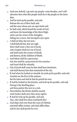 372 Numbers 24
And now, behold, I go unto my people: come therefore, and I will
advertise thee what this people shall do to thy people in the latter
days.
And he took up his parable, and said,
Balaam the son of Beor hath said,
and the man whose eyes are open hath said:
he hath said, which heard the words of God,
and knew the knowledge of the Most High,
which saw the vision of the Almighty,
falling into a trance, but having his eyes open:
I shall see him, but not now:
I shall behold him, but not nigh:
there shall come a Star out of Jacob,
and a Sceptre shall rise out of Israel,
and shall smite the corners of Moab,
and destroy all the children of Sheth.
And Edom shall be a possession,
Seir also shall be a possession for his enemies;
and Israel shall do valiantly.
Out of Jacob shall come he that shall have dominion,
and shall destroy him that remaineth of the city.
¶ And when he looked on Amalek, he took up his parable, and said,
Amalek was the first of the nations;
but his latter end shall be that he perish for ever.
¶ And he looked on the Kenites, and took up his parable, and said,
Strong is thy dwelling place,
and thou puttest thy nest in a rock.
Nevertheless the Kenite shall be wasted,
until Asshur shall carry thee away captive.
¶ And he took up his parable, and said,
Alas, who shall live when God doeth this!
And ships shall come from the coast of Chittim,
and shall afflict Asshur, and shall afflict Eber,
and he also shall perish for ever.
14
15
16
17
18
19
20
21
22
23
24
 