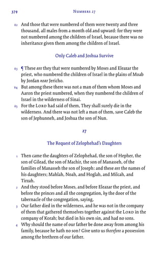 379 Numbers 27
And those that were numbered of them were twenty and three
thousand, all males from a month old and upward: for they were
not numbered among the children of Israel, because there was no
inheritance given them among the children of Israel.
Only Caleb and Joshua Survive
¶ These are they that were numbered by Moses and Eleazar the
priest, who numbered the children of Israel in the plains of Moab
by Jordan near Jericho.
But among these there was not a man of them whom Moses and
Aaron the priest numbered, when they numbered the children of
Israel in the wilderness of Sinai.
For the Lord had said of them, They shall surely die in the
wilderness. And there was not left a man of them, save Caleb the
son of Jephunneh, and Joshua the son of Nun.
27
The Request of Zelophehad’s Daughters
Then came the daughters of Zelophehad, the son of Hepher, the
son of Gilead, the son of Machir, the son of Manasseh, of the
families of Manasseh the son of Joseph: and these are the names of
his daughters; Mahlah, Noah, and Hoglah, and Milcah, and
Tirzah.
And they stood before Moses, and before Eleazar the priest, and
before the princes and all the congregation, by the door of the
tabernacle of the congregation, saying,
Our father died in the wilderness, and he was not in the company
of them that gathered themselves together against the Lord in the
company of Korah; but died in his own sin, and had no sons.
Why should the name of our father be done away from among his
family, because he hath no son? Give unto us therefore a possession
among the brethren of our father.
62
63
64
65
1
2
3
4
 