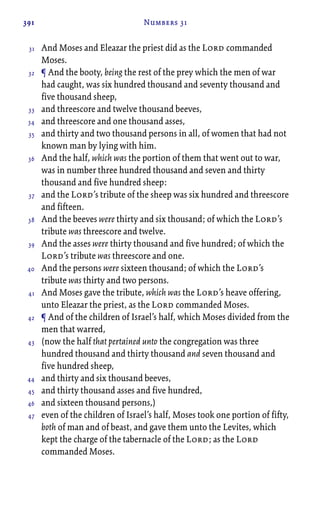 391 Numbers 31
And Moses and Eleazar the priest did as the Lord commanded
Moses.
¶ And the booty, being the rest of the prey which the men of war
had caught, was six hundred thousand and seventy thousand and
five thousand sheep,
and threescore and twelve thousand beeves,
and threescore and one thousand asses,
and thirty and two thousand persons in all, of women that had not
known man by lying with him.
And the half, which was the portion of them that went out to war,
was in number three hundred thousand and seven and thirty
thousand and five hundred sheep:
and the Lord’s tribute of the sheep was six hundred and threescore
and fifteen.
And the beeves were thirty and six thousand; of which the Lord’s
tribute was threescore and twelve.
And the asses were thirty thousand and five hundred; of which the
Lord’s tribute was threescore and one.
And the persons were sixteen thousand; of which the Lord’s
tribute was thirty and two persons.
And Moses gave the tribute, which was the Lord’s heave offering,
unto Eleazar the priest, as the Lord commanded Moses.
¶ And of the children of Israel’s half, which Moses divided from the
men that warred,
(now the half that pertained unto the congregation was three
hundred thousand and thirty thousand and seven thousand and
five hundred sheep,
and thirty and six thousand beeves,
and thirty thousand asses and five hundred,
and sixteen thousand persons,)
even of the children of Israel’s half, Moses took one portion of fifty,
both of man and of beast, and gave them unto the Levites, which
kept the charge of the tabernacle of the Lord; as the Lord
commanded Moses.
31
32
33
34
35
36
37
38
39
40
41
42
43
44
45
46
47
 
