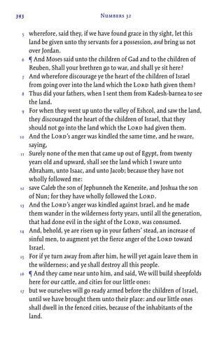 393 Numbers 32
wherefore, said they, if we have found grace in thy sight, let this
land be given unto thy servants for a possession, and bring us not
over Jordan.
¶ And Moses said unto the children of Gad and to the children of
Reuben, Shall your brethren go to war, and shall ye sit here?
And wherefore discourage ye the heart of the children of Israel
from going over into the land which the Lord hath given them?
Thus did your fathers, when I sent them from Kadesh-barnea to see
the land.
For when they went up unto the valley of Eshcol, and saw the land,
they discouraged the heart of the children of Israel, that they
should not go into the land which the Lord had given them.
And the Lord’s anger was kindled the same time, and he sware,
saying,
Surely none of the men that came up out of Egypt, from twenty
years old and upward, shall see the land which I sware unto
Abraham, unto Isaac, and unto Jacob; because they have not
wholly followed me:
save Caleb the son of Jephunneh the Kenezite, and Joshua the son
of Nun; for they have wholly followed the Lord.
And the Lord’s anger was kindled against Israel, and he made
them wander in the wilderness forty years, until all the generation,
that had done evil in the sight of the Lord, was consumed.
And, behold, ye are risen up in your fathers’ stead, an increase of
sinful men, to augment yet the fierce anger of the Lord toward
Israel.
For if ye turn away from after him, he will yet again leave them in
the wilderness; and ye shall destroy all this people.
¶ And they came near unto him, and said, We will build sheepfolds
here for our cattle, and cities for our little ones:
but we ourselves will go ready armed before the children of Israel,
until we have brought them unto their place: and our little ones
shall dwell in the fenced cities, because of the inhabitants of the
land.
5
6
7
8
9
10
11
12
13
14
15
16
17
 