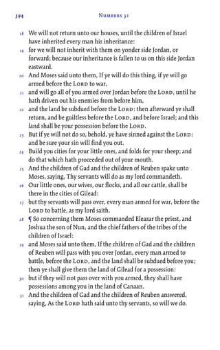 394 Numbers 32
We will not return unto our houses, until the children of Israel
have inherited every man his inheritance:
for we will not inherit with them on yonder side Jordan, or
forward; because our inheritance is fallen to us on this side Jordan
eastward.
And Moses said unto them, If ye will do this thing, if ye will go
armed before the Lord to war,
and will go all of you armed over Jordan before the Lord, until he
hath driven out his enemies from before him,
and the land be subdued before the Lord: then afterward ye shall
return, and be guiltless before the Lord, and before Israel; and this
land shall be your possession before the Lord.
But if ye will not do so, behold, ye have sinned against the Lord:
and be sure your sin will find you out.
Build you cities for your little ones, and folds for your sheep; and
do that which hath proceeded out of your mouth.
And the children of Gad and the children of Reuben spake unto
Moses, saying, Thy servants will do as my lord commandeth.
Our little ones, our wives, our flocks, and all our cattle, shall be
there in the cities of Gilead:
but thy servants will pass over, every man armed for war, before the
Lord to battle, as my lord saith.
¶ So concerning them Moses commanded Eleazar the priest, and
Joshua the son of Nun, and the chief fathers of the tribes of the
children of Israel:
and Moses said unto them, If the children of Gad and the children
of Reuben will pass with you over Jordan, every man armed to
battle, before the Lord, and the land shall be subdued before you;
then ye shall give them the land of Gilead for a possession:
but if they will not pass over with you armed, they shall have
possessions among you in the land of Canaan.
And the children of Gad and the children of Reuben answered,
saying, As the Lord hath said unto thy servants, so will we do.
18
19
20
21
22
23
24
25
26
27
28
29
30
31
 