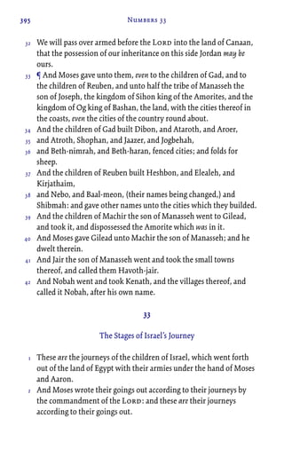 395 Numbers 33
We will pass over armed before the Lord into the land of Canaan,
that the possession of our inheritance on this side Jordan may be
ours.
¶ And Moses gave unto them, even to the children of Gad, and to
the children of Reuben, and unto half the tribe of Manasseh the
son of Joseph, the kingdom of Sihon king of the Amorites, and the
kingdom of Og king of Bashan, the land, with the cities thereof in
the coasts, even the cities of the country round about.
And the children of Gad built Dibon, and Ataroth, and Aroer,
and Atroth, Shophan, and Jaazer, and Jogbehah,
and Beth-nimrah, and Beth-haran, fenced cities; and folds for
sheep.
And the children of Reuben built Heshbon, and Elealeh, and
Kirjathaim,
and Nebo, and Baal-meon, (their names being changed,) and
Shibmah: and gave other names unto the cities which they builded.
And the children of Machir the son of Manasseh went to Gilead,
and took it, and dispossessed the Amorite which was in it.
And Moses gave Gilead unto Machir the son of Manasseh; and he
dwelt therein.
And Jair the son of Manasseh went and took the small towns
thereof, and called them Havoth-jair.
And Nobah went and took Kenath, and the villages thereof, and
called it Nobah, after his own name.
33
The Stages of Israel’s Journey
These are the journeys of the children of Israel, which went forth
out of the land of Egypt with their armies under the hand of Moses
and Aaron.
And Moses wrote their goings out according to their journeys by
the commandment of the Lord: and these are their journeys
according to their goings out.
32
33
34
35
36
37
38
39
40
41
42
1
2
 