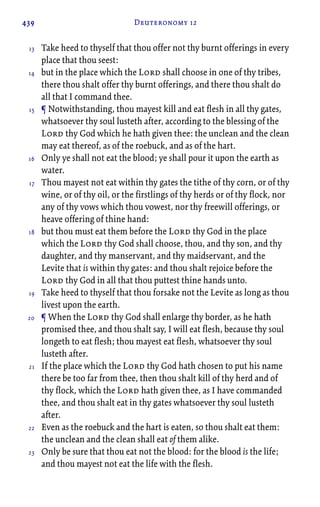 439 Deuteronomy 12
Take heed to thyself that thou offer not thy burnt offerings in every
place that thou seest:
but in the place which the Lord shall choose in one of thy tribes,
there thou shalt offer thy burnt offerings, and there thou shalt do
all that I command thee.
¶ Notwithstanding, thou mayest kill and eat flesh in all thy gates,
whatsoever thy soul lusteth after, according to the blessing of the
Lord thy God which he hath given thee: the unclean and the clean
may eat thereof, as of the roebuck, and as of the hart.
Only ye shall not eat the blood; ye shall pour it upon the earth as
water.
Thou mayest not eat within thy gates the tithe of thy corn, or of thy
wine, or of thy oil, or the firstlings of thy herds or of thy flock, nor
any of thy vows which thou vowest, nor thy freewill offerings, or
heave offering of thine hand:
but thou must eat them before the Lord thy God in the place
which the Lord thy God shall choose, thou, and thy son, and thy
daughter, and thy manservant, and thy maidservant, and the
Levite that is within thy gates: and thou shalt rejoice before the
Lord thy God in all that thou puttest thine hands unto.
Take heed to thyself that thou forsake not the Levite as long as thou
livest upon the earth.
¶ When the Lord thy God shall enlarge thy border, as he hath
promised thee, and thou shalt say, I will eat flesh, because thy soul
longeth to eat flesh; thou mayest eat flesh, whatsoever thy soul
lusteth after.
If the place which the Lord thy God hath chosen to put his name
there be too far from thee, then thou shalt kill of thy herd and of
thy flock, which the Lord hath given thee, as I have commanded
thee, and thou shalt eat in thy gates whatsoever thy soul lusteth
after.
Even as the roebuck and the hart is eaten, so thou shalt eat them:
the unclean and the clean shall eat of them alike.
Only be sure that thou eat not the blood: for the blood is the life;
and thou mayest not eat the life with the flesh.
13
14
15
16
17
18
19
20
21
22
23
 