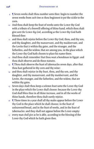 448 Deuteronomy 16
¶ Seven weeks shalt thou number unto thee: begin to number the
seven weeks from such time as thou beginnest to put the sickle to the
corn.
And thou shalt keep the feast of weeks unto the Lord thy God
with a tribute of a freewill offering of thine hand, which thou shalt
give unto the Lord thy God, according as the Lord thy God hath
blessed thee:
and thou shalt rejoice before the Lord thy God, thou, and thy son,
and thy daughter, and thy manservant, and thy maidservant, and
the Levite that is within thy gates, and the stranger, and the
fatherless, and the widow, that are among you, in the place which
the Lord thy God hath chosen to place his name there.
And thou shalt remember that thou wast a bondman in Egypt: and
thou shalt observe and do these statutes.
¶ Thou shalt observe the feast of tabernacles seven days, after that
thou hast gathered in thy corn and thy wine:
and thou shalt rejoice in thy feast, thou, and thy son, and thy
daughter, and thy manservant, and thy maidservant, and the
Levite, the stranger, and the fatherless, and the widow, that are
within thy gates.
Seven days shalt thou keep a solemn feast unto the Lord thy God
in the place which the Lord shall choose: because the Lord thy
God shall bless thee in all thine increase, and in all the works of
thine hands, therefore thou shalt surely rejoice.
¶ Three times in a year shall all thy males appear before the Lord
thy God in the place which he shall choose; in the feast of
unleavened bread, and in the feast of weeks, and in the feast of
tabernacles: and they shall not appear before the Lord empty:
every man shall give as he is able, according to the blessing of the
Lord thy God which he hath given thee.
9
10
11
12
13
14
15
16
17
 