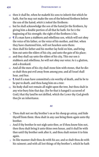459 Deuteronomy 22
then it shall be, when he maketh his sons to inherit that which he
hath, that he may not make the son of the beloved firstborn before
the son of the hated, which is indeed the firstborn:
but he shall acknowledge the son of the hated for the firstborn, by
giving him a double portion of all that he hath: for he is the
beginning of his strength; the right of the firstborn is his.
¶ If a man have a stubborn and rebellious son, which will not obey
the voice of his father, or the voice of his mother, and that, when
they have chastened him, will not hearken unto them:
then shall his father and his mother lay hold on him, and bring
him out unto the elders of his city, and unto the gate of his place;
and they shall say unto the elders of his city, This our son is
stubborn and rebellious, he will not obey our voice; he is a glutton,
and a drunkard.
And all the men of his city shall stone him with stones, that he die:
so shalt thou put evil away from among you; and all Israel shall
hear, and fear.
¶ And if a man have committed a sin worthy of death, and he be to
be put to death, and thou hang him on a tree:
his body shall not remain all night upon the tree, but thou shalt in
any wise bury him that day; (for he that is hanged is accursed of
God;) that thy land be not defiled, which the Lord thy God giveth
thee for an inheritance.
22
Thou shalt not see thy brother’s ox or his sheep go astray, and hide
thyself from them: thou shalt in any case bring them again unto thy
brother.
And if thy brother be not nigh unto thee, or if thou know him not,
then thou shalt bring it unto thine own house, and it shall be with
thee until thy brother seek after it, and thou shalt restore it to him
again.
In like manner shalt thou do with his ass; and so shalt thou do with
his raiment; and with all lost things of thy brother’s, which he hath
16
17
18
19
20
21
22
23
1
2
3
 