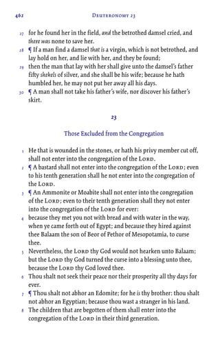 462 Deuteronomy 23
for he found her in the field, and the betrothed damsel cried, and
there was none to save her.
¶ If a man find a damsel that is a virgin, which is not betrothed, and
lay hold on her, and lie with her, and they be found;
then the man that lay with her shall give unto the damsel’s father
fifty shekels of silver, and she shall be his wife; because he hath
humbled her, he may not put her away all his days.
¶ A man shall not take his father’s wife, nor discover his father’s
skirt.
23
Those Excluded from the Congregation
He that is wounded in the stones, or hath his privy member cut off,
shall not enter into the congregation of the Lord.
¶ A bastard shall not enter into the congregation of the Lord; even
to his tenth generation shall he not enter into the congregation of
the Lord.
¶ An Ammonite or Moabite shall not enter into the congregation
of the Lord; even to their tenth generation shall they not enter
into the congregation of the Lord for ever:
because they met you not with bread and with water in the way,
when ye came forth out of Egypt; and because they hired against
thee Balaam the son of Beor of Pethor of Mesopotamia, to curse
thee.
Nevertheless, the Lord thy God would not hearken unto Balaam;
but the Lord thy God turned the curse into a blessing unto thee,
because the Lord thy God loved thee.
Thou shalt not seek their peace nor their prosperity all thy days for
ever.
¶ Thou shalt not abhor an Edomite; for he is thy brother: thou shalt
not abhor an Egyptian; because thou wast a stranger in his land.
The children that are begotten of them shall enter into the
congregation of the Lord in their third generation.
27
28
29
30
1
2
3
4
5
6
7
8
 