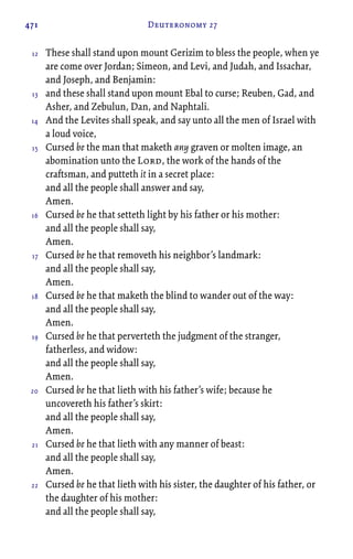 471 Deuteronomy 27
These shall stand upon mount Gerizim to bless the people, when ye
are come over Jordan; Simeon, and Levi, and Judah, and Issachar,
and Joseph, and Benjamin:
and these shall stand upon mount Ebal to curse; Reuben, Gad, and
Asher, and Zebulun, Dan, and Naphtali.
And the Levites shall speak, and say unto all the men of Israel with
a loud voice,
Cursed be the man that maketh any graven or molten image, an
abomination unto the Lord, the work of the hands of the
craftsman, and putteth it in a secret place:
and all the people shall answer and say,
Amen.
Cursed be he that setteth light by his father or his mother:
and all the people shall say,
Amen.
Cursed be he that removeth his neighbor’s landmark:
and all the people shall say,
Amen.
Cursed be he that maketh the blind to wander out of the way:
and all the people shall say,
Amen.
Cursed be he that perverteth the judgment of the stranger,
fatherless, and widow:
and all the people shall say,
Amen.
Cursed be he that lieth with his father’s wife; because he
uncovereth his father’s skirt:
and all the people shall say,
Amen.
Cursed be he that lieth with any manner of beast:
and all the people shall say,
Amen.
Cursed be he that lieth with his sister, the daughter of his father, or
the daughter of his mother:
and all the people shall say,
12
13
14
15
16
17
18
19
20
21
22
 