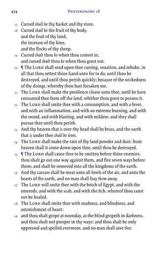 474 Deuteronomy 28
Cursed shall be thy basket and thy store.
Cursed shall be the fruit of thy body,
and the fruit of thy land,
the increase of thy kine,
and the flocks of thy sheep.
Cursed shalt thou be when thou comest in,
and cursed shalt thou be when thou goest out.
¶ The Lord shall send upon thee cursing, vexation, and rebuke, in
all that thou settest thine hand unto for to do, until thou be
destroyed, and until thou perish quickly; because of the wickedness
of thy doings, whereby thou hast forsaken me.
The Lord shall make the pestilence cleave unto thee, until he have
consumed thee from off the land, whither thou goest to possess it.
The Lord shall smite thee with a consumption, and with a fever,
and with an inflammation, and with an extreme burning, and with
the sword, and with blasting, and with mildew; and they shall
pursue thee until thou perish.
And thy heaven that is over thy head shall be brass, and the earth
that is under thee shall be iron.
The Lord shall make the rain of thy land powder and dust: from
heaven shall it come down upon thee, until thou be destroyed.
¶ The Lord shall cause thee to be smitten before thine enemies:
thou shalt go out one way against them, and flee seven ways before
them; and shalt be removed into all the kingdoms of the earth.
And thy carcass shall be meat unto all fowls of the air, and unto the
beasts of the earth, and no man shall fray them away.
The Lord will smite thee with the botch of Egypt, and with the
emerods, and with the scab, and with the itch, whereof thou canst
not be healed.
The Lord shall smite thee with madness, and blindness, and
astonishment of heart:
and thou shalt grope at noonday, as the blind gropeth in darkness,
and thou shalt not prosper in thy ways: and thou shalt be only
oppressed and spoiled evermore, and no man shall save thee.
17
18
19
20
21
22
23
24
25
26
27
28
29
 