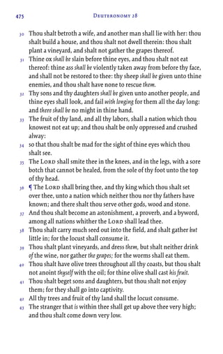 475 Deuteronomy 28
Thou shalt betroth a wife, and another man shall lie with her: thou
shalt build a house, and thou shalt not dwell therein: thou shalt
plant a vineyard, and shalt not gather the grapes thereof.
Thine ox shall be slain before thine eyes, and thou shalt not eat
thereof: thine ass shall be violently taken away from before thy face,
and shall not be restored to thee: thy sheep shall be given unto thine
enemies, and thou shalt have none to rescue them.
Thy sons and thy daughters shall be given unto another people, and
thine eyes shall look, and fail with longing for them all the day long:
and there shall be no might in thine hand.
The fruit of thy land, and all thy labors, shall a nation which thou
knowest not eat up; and thou shalt be only oppressed and crushed
alway:
so that thou shalt be mad for the sight of thine eyes which thou
shalt see.
The Lord shall smite thee in the knees, and in the legs, with a sore
botch that cannot be healed, from the sole of thy foot unto the top
of thy head.
¶ The Lord shall bring thee, and thy king which thou shalt set
over thee, unto a nation which neither thou nor thy fathers have
known; and there shalt thou serve other gods, wood and stone.
And thou shalt become an astonishment, a proverb, and a byword,
among all nations whither the Lord shall lead thee.
Thou shalt carry much seed out into the field, and shalt gather but
little in; for the locust shall consume it.
Thou shalt plant vineyards, and dress them, but shalt neither drink
of the wine, nor gather the grapes; for the worms shall eat them.
Thou shalt have olive trees throughout all thy coasts, but thou shalt
not anoint thyself with the oil; for thine olive shall cast his fruit.
Thou shalt beget sons and daughters, but thou shalt not enjoy
them; for they shall go into captivity.
All thy trees and fruit of thy land shall the locust consume.
The stranger that is within thee shall get up above thee very high;
and thou shalt come down very low.
30
31
32
33
34
35
36
37
38
39
40
41
42
43
 
