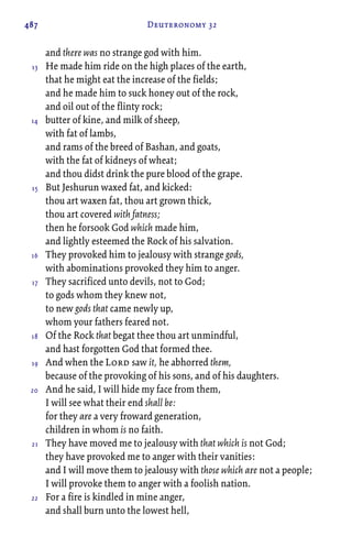 487 Deuteronomy 32
and there was no strange god with him.
He made him ride on the high places of the earth,
that he might eat the increase of the fields;
and he made him to suck honey out of the rock,
and oil out of the flinty rock;
butter of kine, and milk of sheep,
with fat of lambs,
and rams of the breed of Bashan, and goats,
with the fat of kidneys of wheat;
and thou didst drink the pure blood of the grape.
But Jeshurun waxed fat, and kicked:
thou art waxen fat, thou art grown thick,
thou art covered with fatness;
then he forsook God which made him,
and lightly esteemed the Rock of his salvation.
They provoked him to jealousy with strange gods,
with abominations provoked they him to anger.
They sacrificed unto devils, not to God;
to gods whom they knew not,
to new gods that came newly up,
whom your fathers feared not.
Of the Rock that begat thee thou art unmindful,
and hast forgotten God that formed thee.
And when the Lord saw it, he abhorred them,
because of the provoking of his sons, and of his daughters.
And he said, I will hide my face from them,
I will see what their end shall be:
for they are a very froward generation,
children in whom is no faith.
They have moved me to jealousy with that which is not God;
they have provoked me to anger with their vanities:
and I will move them to jealousy with those which are not a people;
I will provoke them to anger with a foolish nation.
For a fire is kindled in mine anger,
and shall burn unto the lowest hell,
13
14
15
16
17
18
19
20
21
22
 