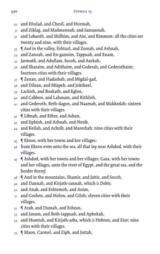 530 Joshua 15
and Eltolad, and Chesil, and Hormah,
and Ziklag, and Madmannah, and Sansannah,
and Lebaoth, and Shilhim, and Ain, and Rimmon: all the cities are
twenty and nine, with their villages.
¶ And in the valley, Eshtaol, and Zoreah, and Ashnah,
and Zanoah, and En-gannim, Tappuah, and Enam,
Jarmuth, and Adullam, Socoh, and Azekah,
and Sharaim, and Adithaim, and Gederah, and Gederothaim;
fourteen cities with their villages.
¶ Zenan, and Hadashah, and Migdal-gad,
and Dilean, and Mizpeh, and Joktheel,
Lachish, and Bozkath, and Eglon,
and Cabbon, and Lahmam, and Kithlish,
and Gederoth, Beth-dagon, and Naamah, and Makkedah; sixteen
cities with their villages.
¶ Libnah, and Ether, and Ashan,
and Jiphtah, and Ashnah, and Nezib,
and Keilah, and Achzib, and Mareshah; nine cities with their
villages.
¶ Ekron, with her towns and her villages:
from Ekron even unto the sea, all that lay near Ashdod, with their
villages.
¶ Ashdod, with her towns and her villages; Gaza, with her towns
and her villages, unto the river of Egypt, and the great sea, and the
border thereof.
¶ And in the mountains, Shamir, and Jattir, and Socoh,
and Dannah, and Kirjath-sannah, which is Debir,
and Anab, and Eshtemoh, and Anim,
and Goshen, and Holon, and Giloh; eleven cities with their
villages.
¶ Arab, and Dumah, and Eshean,
and Janum, and Beth-tappuah, and Aphekah,
and Humtah, and Kirjath-arba, which is Hebron, and Zior; nine
cities with their villages.
¶ Maon, Carmel, and Ziph, and Juttah,
30
31
32
33
34
35
36
37
38
39
40
41
42
43
44
45
46
47
48
49
50
51
52
53
54
55
 