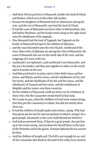 533 Joshua 17
And there fell ten portions to Manasseh, besides the land of Gilead
and Bashan, which were on the other side Jordan;
because the daughters of Manasseh had an inheritance among his
sons: and the rest of Manasseh’s sons had the land of Gilead.
¶ And the coast of Manasseh was from Asher to Michmethah, that
lieth before Shechem; and the border went along on the right hand
unto the inhabitants of En-tappuah.
Now Manasseh had the land of Tappuah: but Tappuah on the
border of Manasseh belonged to the children of Ephraim;
and the coast descended unto the river Kanah, southward of the
river: these cities of Ephraim are among the cities of Manasseh: the
coast of Manasseh also was on the north side of the river, and the
outgoings of it were at the sea:
southward it was Ephraim’s, and northward it was Manasseh’s, and
the sea is his border; and they met together in Asher on the north,
and in Issachar on the east.
And Manasseh had in Issachar and in Asher Beth-shean and her
towns, and Ibleam and her towns, and the inhabitants of Dor and
her towns, and the inhabitants of En-dor and her towns, and the
inhabitants of Taanach and her towns, and the inhabitants of
Megiddo and her towns, even three countries.
Yet the children of Manasseh could not drive out the inhabitants of
those cities; but the Canaanites would dwell in that land.
Yet it came to pass, when the children of Israel were waxen strong,
that they put the Canaanites to tribute; but did not utterly drive
them out.
¶ And the children of Joseph spake unto Joshua, saying, Why hast
thou given me but one lot and one portion to inherit, seeing I am a
great people, forasmuch as the Lord hath blessed me hitherto?
And Joshua answered them, If thou be a great people, then get thee
up to the wood country, and cut down for thyself there in the land
of the Perizzites and of the giants, if mount Ephraim be too narrow
for thee.
And the children of Joseph said, The hill is not enough for us: and
all the Canaanites that dwell in the land of the valley have chariots
5
6
7
8
9
10
11
12
13
14
15
16
 