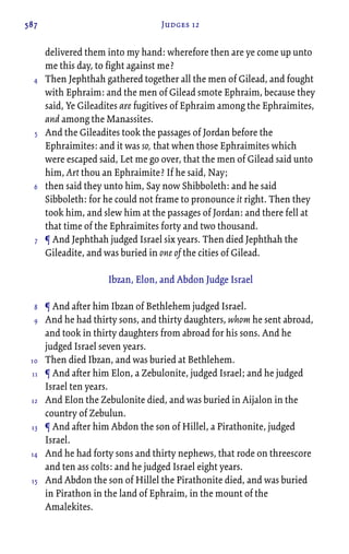 587 Judges 12
delivered them into my hand: wherefore then are ye come up unto
me this day, to fight against me?
Then Jephthah gathered together all the men of Gilead, and fought
with Ephraim: and the men of Gilead smote Ephraim, because they
said, Ye Gileadites are fugitives of Ephraim among the Ephraimites,
and among the Manassites.
And the Gileadites took the passages of Jordan before the
Ephraimites: and it was so, that when those Ephraimites which
were escaped said, Let me go over, that the men of Gilead said unto
him, Art thou an Ephraimite? If he said, Nay;
then said they unto him, Say now Shibboleth: and he said
Sibboleth: for he could not frame to pronounce it right. Then they
took him, and slew him at the passages of Jordan: and there fell at
that time of the Ephraimites forty and two thousand.
¶ And Jephthah judged Israel six years. Then died Jephthah the
Gileadite, and was buried in one of the cities of Gilead.
Ibzan, Elon, and Abdon Judge Israel
¶ And after him Ibzan of Bethlehem judged Israel.
And he had thirty sons, and thirty daughters, whom he sent abroad,
and took in thirty daughters from abroad for his sons. And he
judged Israel seven years.
Then died Ibzan, and was buried at Bethlehem.
¶ And after him Elon, a Zebulonite, judged Israel; and he judged
Israel ten years.
And Elon the Zebulonite died, and was buried in Aijalon in the
country of Zebulun.
¶ And after him Abdon the son of Hillel, a Pirathonite, judged
Israel.
And he had forty sons and thirty nephews, that rode on threescore
and ten ass colts: and he judged Israel eight years.
And Abdon the son of Hillel the Pirathonite died, and was buried
in Pirathon in the land of Ephraim, in the mount of the
Amalekites.
4
5
6
7
8
9
10
11
12
13
14
15
 