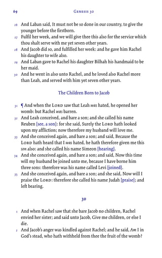69 Genesis 30
And Laban said, It must not be so done in our country, to give the
younger before the firstborn.
Fulfil her week, and we will give thee this also for the service which
thou shalt serve with me yet seven other years.
And Jacob did so, and fulfilled her week: and he gave him Rachel
his daughter to wife also.
And Laban gave to Rachel his daughter Bilhah his handmaid to be
her maid.
And he went in also unto Rachel, and he loved also Rachel more
than Leah, and served with him yet seven other years.
The Children Born to Jacob
¶ And when the Lord saw that Leah was hated, he opened her
womb: but Rachel was barren.
And Leah conceived, and bare a son; and she called his name
Reuben [see, a son]: for she said, Surely the Lord hath looked
upon my affliction; now therefore my husband will love me.
And she conceived again, and bare a son; and said, Because the
Lord hath heard that I was hated, he hath therefore given me this
son also: and she called his name Simeon [hearing].
And she conceived again, and bare a son; and said, Now this time
will my husband be joined unto me, because I have borne him
three sons: therefore was his name called Levi [joined].
And she conceived again, and bare a son; and she said, Now will I
praise the Lord: therefore she called his name Judah [praise]; and
left bearing.
30
And when Rachel saw that she bare Jacob no children, Rachel
envied her sister; and said unto Jacob, Give me children, or else I
die.
And Jacob’s anger was kindled against Rachel; and he said, Am I in
God’s stead, who hath withheld from thee the fruit of the womb?
26
27
28
29
30
31
32
33
34
35
1
2
 