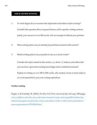 110 Holy Grail of Writing
1. To what degree do you surmise that diplomatic and indirect styles overlap?
Consider this question above in general terms, and in specific writing contexts.
Justify your answer in circa 300 words. Cite an example to defend your position.
2. What writing styles can you identify beyond those named in this section?
3. Which writing style/s do you prefer to use as a career writer?
Consider the styles named in this section, e.g. direct c.f. indirect, and others that
you can draw upon from existing knowledge and/or additional research.
Explain in writing, in circa 300 to 500 words, why mastery of one or more styles is
or is not important to your core writing aspirations.
Further reading
Siegal, A. & Connolly, W. (2015), The New York Times manual of style and usage, 496 pages,
www.pdfdrive.com/the-new-york-times-manual-of-style-and-usage-2015-edition-the-
official-style-guide-used-by-the-writers-and-editors-of-the-worlds-most-authoritative-
news-organization-e175910365.html
END OF SECTION ACTIVITIES
 