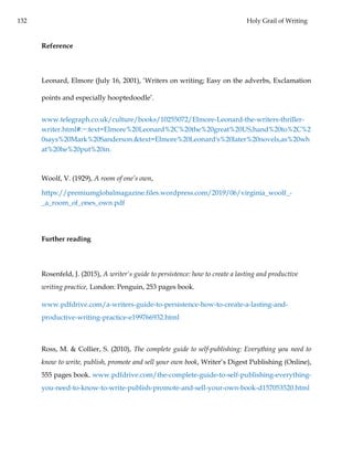 132 Holy Grail of Writing
Reference
Leonard, Elmore (July 16, 2001), ‘Writers on writing; Easy on the adverbs, Exclamation
points and especially hooptedoodle’.
www.telegraph.co.uk/culture/books/10255072/Elmore-Leonard-the-writers-thriller-
writer.html#:~:text=Elmore%20Leonard%2C%20the%20great%20US,hand%20to%2C%2
0says%20Mark%20Sanderson.&text=Elmore%20Leonard's%20later%20novels,as%20wh
at%20he%20put%20in.
Woolf, V. (1929), A room of one’s own,
https://premiumglobalmagazine.files.wordpress.com/2019/06/virginia_woolf_-
_a_room_of_ones_own.pdf
Further reading
Rosenfeld, J. (2015), A writer's guide to persistence: how to create a lasting and productive
writing practice, London: Penguin, 253 pages book.
www.pdfdrive.com/a-writers-guide-to-persistence-how-to-create-a-lasting-and-
productive-writing-practice-e199766932.html
Ross, M. & Collier, S. (2010), The complete guide to self-publishing: Everything you need to
know to write, publish, promote and sell your own book, Writer’s Digest Publishing (Online),
555 pages book. www.pdfdrive.com/the-complete-guide-to-self-publishing-everything-
you-need-to-know-to-write-publish-promote-and-sell-your-own-book-d157053520.html
 