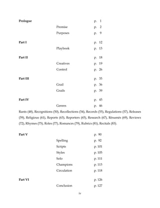 iv
Prologue p. 1
Premise p. 2
Purposes p. 9
Part I p. 12
Playbook p. 13
Part II p. 18
Creatives p. 19
Control p. 26
Part III p. 35
Grail p. 36
Grails p. 39
Part IV p. 45
Genres p. 46
Rants (48), Recognitions (50), Recollections (54), Records (55), Regulations (57), Releases
(59), Religious (61), Reports (63), Reporters (65), Research (67), Résumés (69), Reviews
(72), Rhymes (75), Roles (77), Romances (79), Rubrics (81), Recitals (83).
Part V p. 90
Spelling p. 92
Scripts p. 101
Styles p. 105
Solo p. 111
Champions p. 115
Circulation p. 118
Part VI p. 126
Conclusion p. 127
 