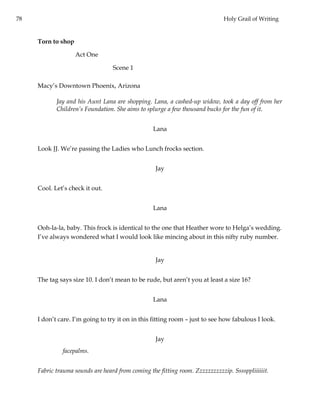 78 Holy Grail of Writing
Torn to shop
Act One
Scene 1
Macy’s Downtown Phoenix, Arizona
Jay and his Aunt Lana are shopping. Lana, a cashed-up widow, took a day off from her
Children’s Foundation. She aims to splurge a few thousand bucks for the fun of it.
Lana
Look JJ. We’re passing the Ladies who Lunch frocks section.
Jay
Cool. Let’s check it out.
Lana
Ooh-la-la, baby. This frock is identical to the one that Heather wore to Helga’s wedding.
I’ve always wondered what I would look like mincing about in this nifty ruby number.
Jay
The tag says size 10. I don’t mean to be rude, but aren’t you at least a size 16?
Lana
I don’t care. I’m going to try it on in this fitting room – just to see how fabulous I look.
Jay
facepalms.
Fabric trauma sounds are heard from coming the fitting room. Zzzzzzzzzzzip. Ssssppliiiiiit.
 