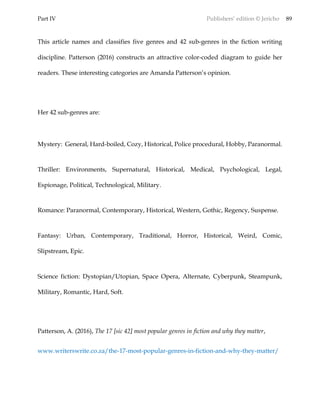 Part IV Publishers’ edition © Jericho 89
This article names and classifies five genres and 42 sub-genres in the fiction writing
discipline. Patterson (2016) constructs an attractive color-coded diagram to guide her
readers. These interesting categories are Amanda Patterson’s opinion.
Her 42 sub-genres are:
Mystery: General, Hard-boiled, Cozy, Historical, Police procedural, Hobby, Paranormal.
Thriller: Environments, Supernatural, Historical, Medical, Psychological, Legal,
Espionage, Political, Technological, Military.
Romance: Paranormal, Contemporary, Historical, Western, Gothic, Regency, Suspense.
Fantasy: Urban, Contemporary, Traditional, Horror, Historical, Weird, Comic,
Slipstream, Epic.
Science fiction: Dystopian/Utopian, Space Opera, Alternate, Cyberpunk, Steampunk,
Military, Romantic, Hard, Soft.
Patterson, A. (2016), The 17 [sic 42] most popular genres in fiction and why they matter,
www.writerswrite.co.za/the-17-most-popular-genres-in-fiction-and-why-they-matter/
 