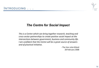14
INTRODUCING . . .
The Centre for Social Impact
This is a Centre which can bring together research, teaching and
cross-sector partnerships to create positive social impact at the
intersections between government, business and community life.
I am confident that the Centre will be a great source of answers
and of practical initiative.
- The Hon Julia Gillard
28 February 2008
 