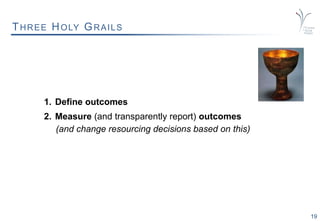 19
1. Define outcomes
2. Measure (and transparently report) outcomes
(and change resourcing decisions based on this)
THREE HOLY GRAILS
 