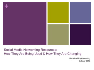 +




Social Media Networking Resources:
How They Are Being Used & How They Are Changing
                                       Madeline Moy Consulting
                                                 October 2012
 