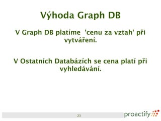 Výhoda Graph DB
V Graph DB platíme 'cenu za vztah' při
              vytváření.


V Ostatních Databázích se cena platí při
             vyhledávání.




                   23
 