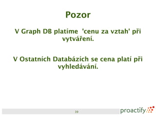 Pozor
V Graph DB platíme 'cenu za vztah' při
              vytváření.


V Ostatních Databázích se cena platí při
             vyhledávání.




                   39
 