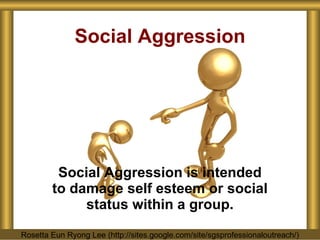Social Aggression Social Aggression is intended to damage self esteem or social status within a group. Rosetta Eun Ryong Lee (http://sites.google.com/site/sgsprofessionaloutreach/) 