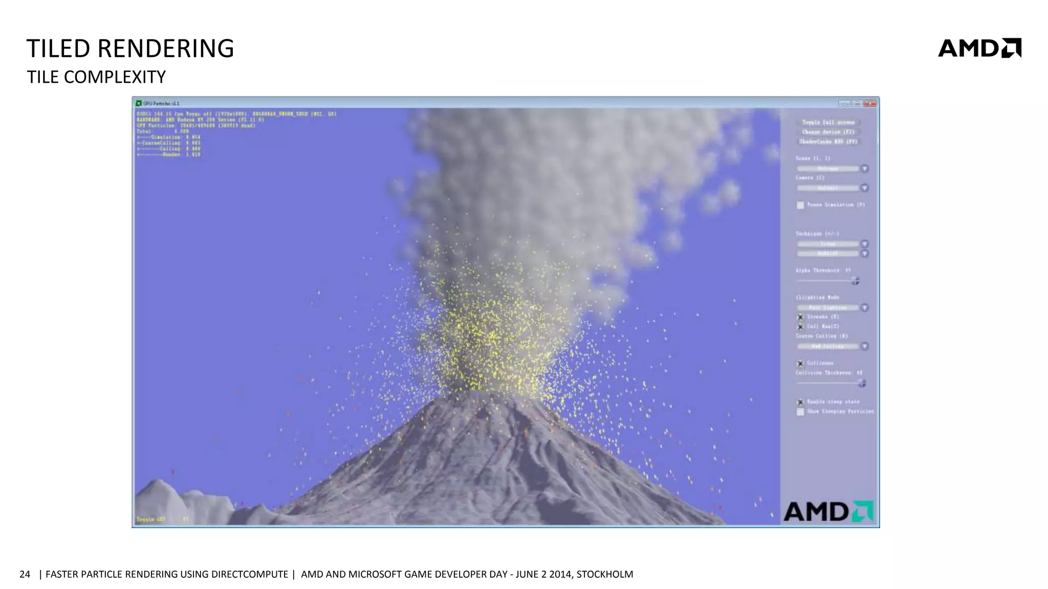 | FASTER PARTICLE RENDERING USING DIRECTCOMPUTE | AMD AND MICROSOFT GAME DEVELOPER DAY - JUNE 2 2014, STOCKHOLM24
TILED RENDERING
TILE COMPLEXITY
 