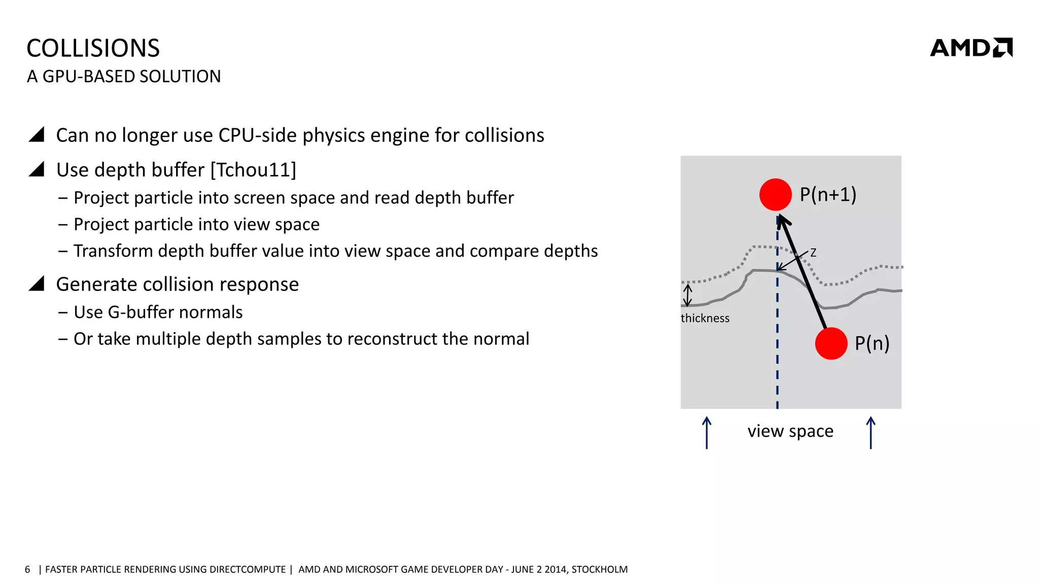 | FASTER PARTICLE RENDERING USING DIRECTCOMPUTE | AMD AND MICROSOFT GAME DEVELOPER DAY - JUNE 2 2014, STOCKHOLM6
COLLISIONS
 Can no longer use CPU-side physics engine for collisions
 Use depth buffer [Tchou11]
‒ Project particle into screen space and read depth buffer
‒ Project particle into view space
‒ Transform depth buffer value into view space and compare depths
 Generate collision response
‒ Use G-buffer normals
‒ Or take multiple depth samples to reconstruct the normal
A GPU-BASED SOLUTION
view space
P(n)
P(n+1)
thickness
Z
 
