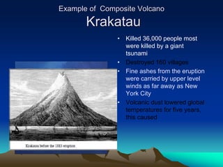 Example of Composite Volcano
Krakatau
• Killed 36,000 people most
were killed by a giant
tsunami
• Destroyed 160 villages
• Fine ashes from the eruption
were carried by upper level
winds as far away as New
York City
• Volcanic dust lowered global
temperatures for five years,
this caused
 