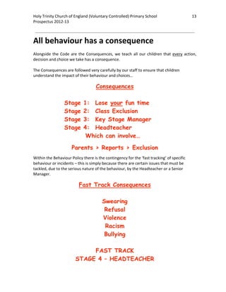Holy Trinity Church of England (Voluntary Controlled) Primary School                           13 
                                                                                                           
Prospectus 2012‐13 
 
                                                                                                   

All behaviour has a consequence  
 
Alongside  the  Code  are  the  Consequences,  we  teach  all  our  children  that  every  action, 
decision and choice we take has a consequence.  
 
The Consequences are followed very carefully by our staff to ensure that children 
understand the impact of their behaviour and choices… 

                                     Consequences

                  Stage       1: Lose your fun time
                  Stage       2: Class Exclusion
                  Stage       3: Key Stage Manager
                  Stage       4: Headteacher
                               Which can involve…

                       Parents > Reports > Exclusion
Within the Behaviour Policy there is the contingency for the ‘fast tracking’ of specific 
behaviour or incidents – this is simply because there are certain issues that must be 
tackled, due to the serious nature of the behaviour, by the Headteacher or a Senior 
Manager.

                           Fast Track Consequences

                                         Swearing
                                          Refusal
                                         Violence
                                          Racism
                                          Bullying

                              FAST TRACK
                         STAGE 4 – HEADTEACHER
 