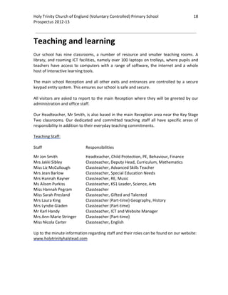 Holy Trinity Church of England (Voluntary Controlled) Primary School                             18 
                                                                                                             
Prospectus 2012‐13 
 
                                                                                                     

Teaching and learning 
 
Our  school  has  nine  classrooms,  a  number  of  resource  and  smaller  teaching  rooms.  A 
library, and roaming ICT facilities, namely over 100 laptops on trolleys, where pupils and 
teachers  have  access  to  computers  with  a  range  of  software,  the  internet  and  a  whole 
host of interactive learning tools.  
 
The  main  school  Reception  and  all  other  exits  and  entrances  are  controlled  by  a  secure 
keypad entry system. This ensures our school is safe and secure. 
 
All visitors are asked to report to the main Reception where they will be greeted by our 
administration and office staff. 
 
Our Headteacher, Mr Smith, is also based in the main Reception area near the Key Stage 
Two  classrooms.  Our  dedicated  and  committed  teaching  staff  all  have  specific  areas  of 
responsibility in addition to their everyday teaching commitments.  
 
Teaching Staff: 
 
Staff                          Responsibilities  

Mr Jon Smith               Headteacher, Child Protection, PE, Behaviour, Finance 
Mrs Jakki Sibley           Classteacher, Deputy Head, Curriculum, Mathematics 
Miss Liz McCullough        Classteacher, Advanced Skills Teacher 
Mrs Jean Barlow            Classteacher, Special Education Needs 
Mrs Hannah Rayner          Classteacher, RE, Music 
Ms Alison Purkiss          Classteacher, KS1 Leader, Science, Arts 
Miss Hannah Pegram         Classteacher 
Miss Sarah Presland        Classteacher, Gifted and Talented 
Mrs Laura King             Classteacher (Part‐time) Geography, History 
Mrs Lyndie Gladen          Classteacher (Part‐time) 
Mr Karl Handy              Classteacher, ICT and Website Manager 
Mrs Ann‐Marie Stringer     Classteacher (Part‐time) 
Miss Nicola Carter         Classteacher, English 
 
Up to the minute information regarding staff and their roles can be found on our website: 
www.holytrinityhalstead.com 
 