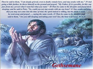 Then he said to them, "I am deeply grieved, even to death; remain here, and stay awake with me." 39 And
going a little farther, he threw himself on the ground and prayed, "My Father, if it is possible, let this cup
pass from me; yet not what I want but what you want." 40 Then he came to the disciples and found them
sleeping; and he said to Peter, "So, could you not stay awake with me one hour? 41 Stay awake and pray
that you may not come into the time of trial; the spirit indeed is willing, but the flesh is weak."
he went away and prayed …, saying the same words. 45 Then he came to the disciples and
said to them, "Are you still sleeping and taking your rest? See, the hour is at hand, Mt 26,38
Gethsemane
 