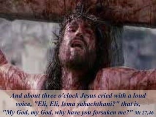 And about three o'clock Jesus cried with a loud
voice, "Eli, Eli, lema sabachthani?" that is,
"My God, my God, why have you forsaken me?" Mt 27,46
 